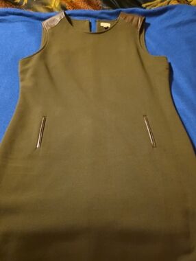 Daniel Cremieux Olive Green Sleeveless Shift Dress with Brown Trim
